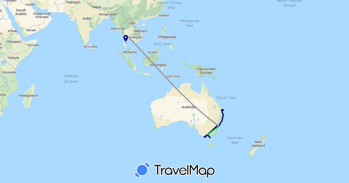 TravelMap itinerary: driving, bus, plane, boat in Australia, Thailand (Asia, Oceania)